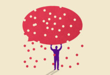 El desprestigio de los expertos y el auge de los charlatanes Illustration of man holding a large speech bubble symbolizing fake news