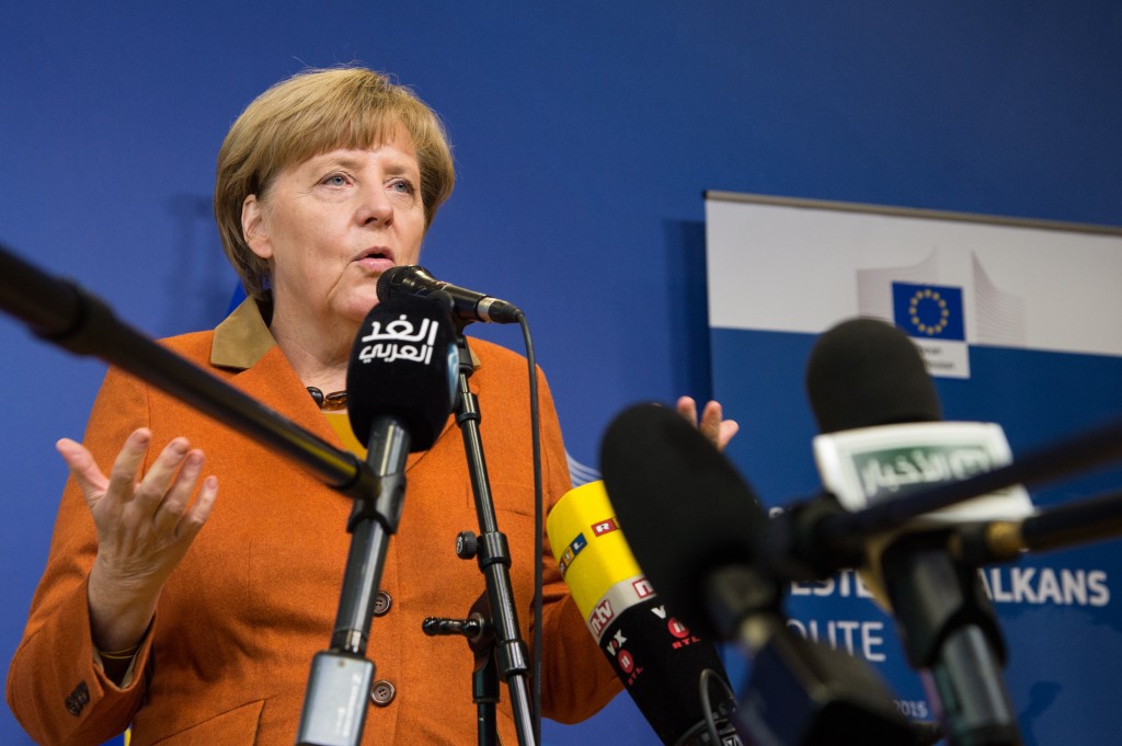 Angela Merkel, German Federal Chancellor, giving a press point