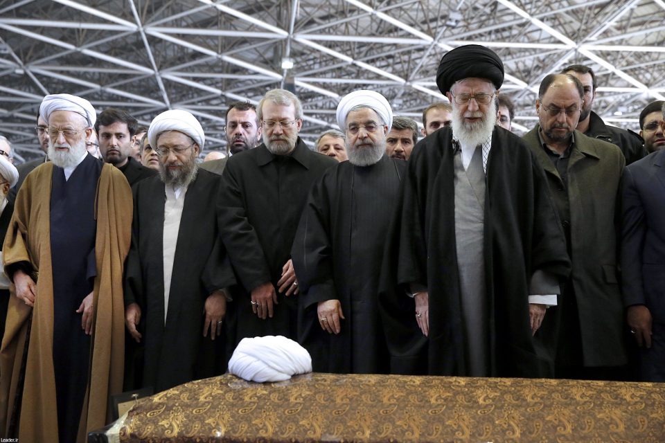 TEHRAN, IRAN - JANUARY 10: Iranian President Hassan Rouhani (R 3), Supreme Leader of Iran, Ali Khamenei (R 2), Chairman of Iranian Parliament Ali Larijani (L 3) and Iranian Defense Minister Hossein Dehghan (R) attend the funeral ceremony held for the former President of Iran Akbar Hashemi Rafsanjani and the chairman of the Expediency Council, who died in hospital on January 8 after suffering a heart attack, in Tehran, Iran on January 10, 2017. (Photo by Iranian Presidency - Handout/Anadolu Agency/Getty Images)