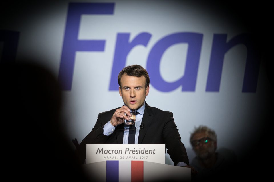 ARRAS, FRANCE - APRIL 26: Founder and Leader of the political movement 'En Marche !' and presidential candidate Emmanuel Macron (C) holds a meeting ahead of the second round of the French Presidential Election on April 26, 2017 in Arras, France. In this election race, Emmanuel Macron is opposed to Marine Le Pen, National Front Party Leader. France is going to the polls on May 7 for the second round of the election which will decide their next President. (Photo by Nicolas Kovarik/IP3/Getty Images)